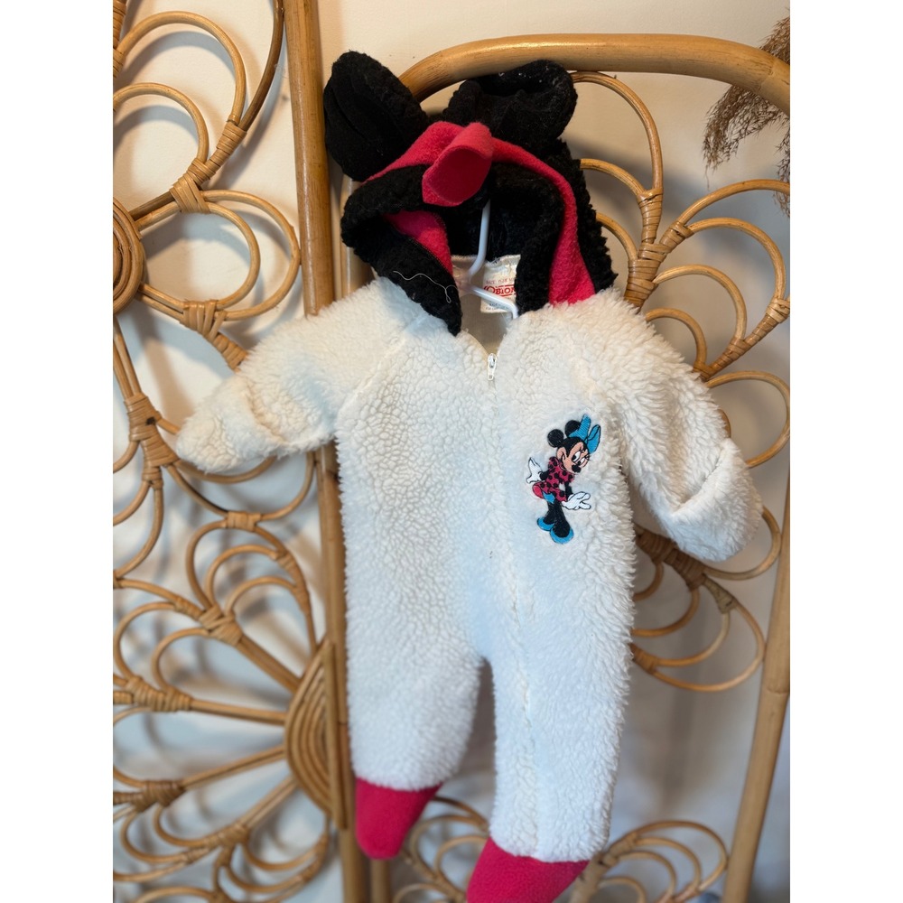 Vintage Obion Minnie Mouse Sherpa Bunting Snowsuit White Pink 9-18M Made in USA